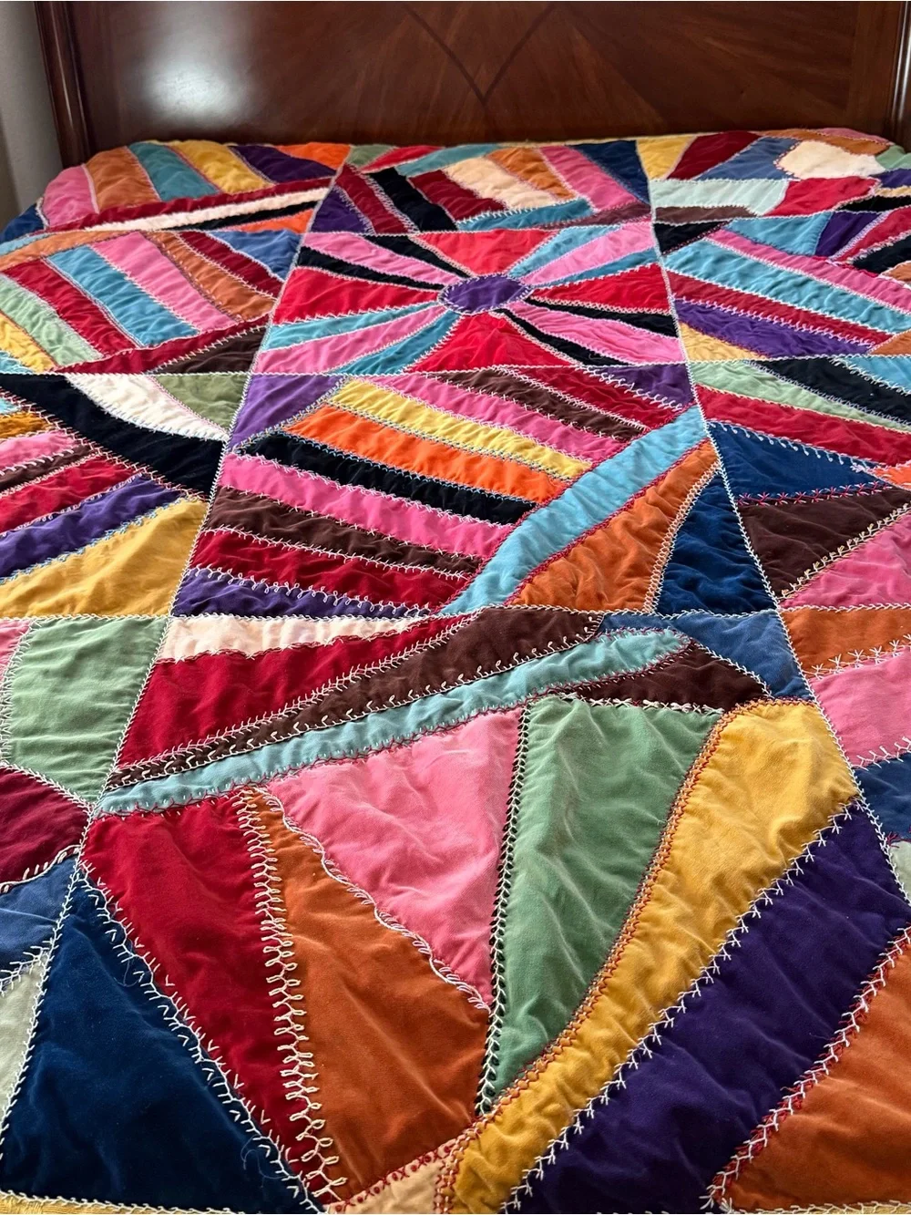 Vintage Crazy Patch Velvet Quilt 66x84 Hand Embroidered Boho Victorian